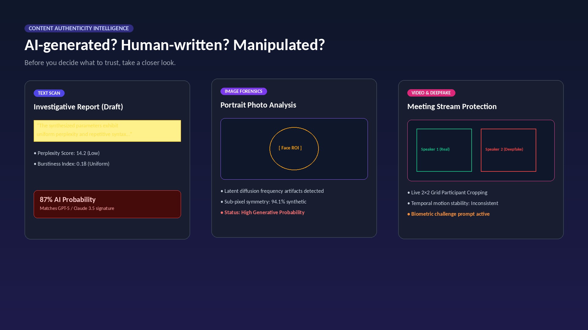 AIDetector.cx product walkthrough preview showing text scanner and signal breakdown